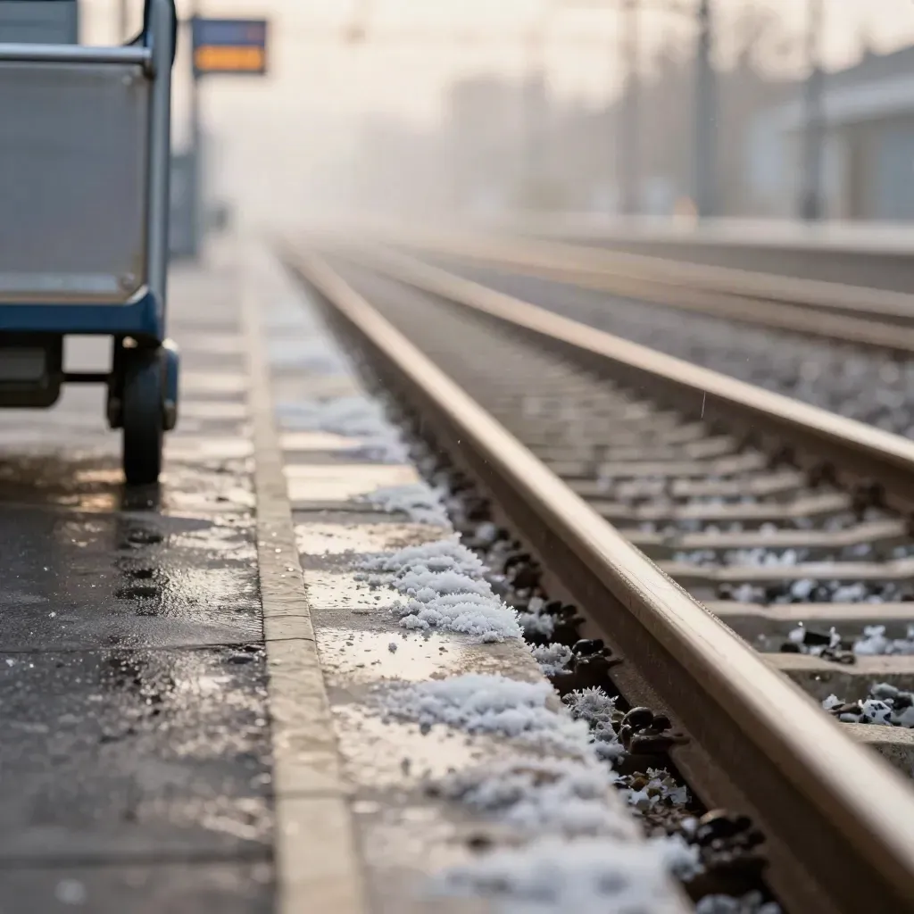 Vereiste Schiene am Leipziger Bahnsteig, nasser Rand und unscharfe Anzeigetafel im Schneeregen.