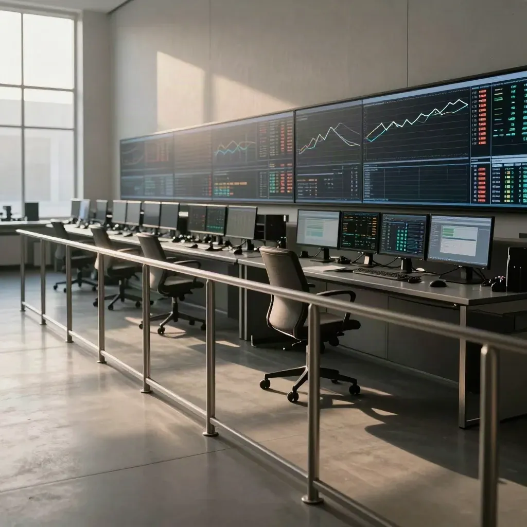 Leerer Handelsraum mit Monitorwand, Kurskurven und Metallgeländer im Morgenlicht.