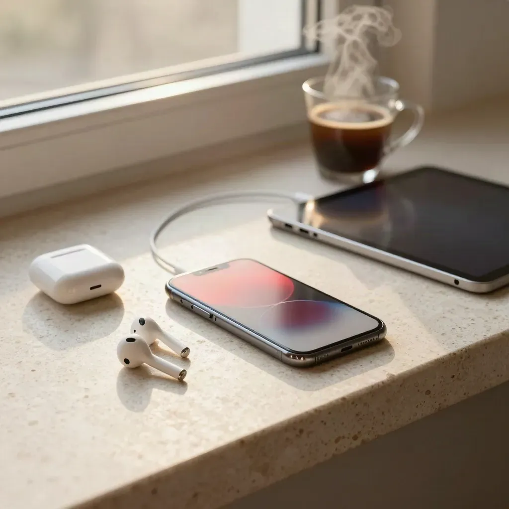 Smartphone, Ohrhörer-Case, Tablet und Glasbecher im Morgenlicht auf Travertin