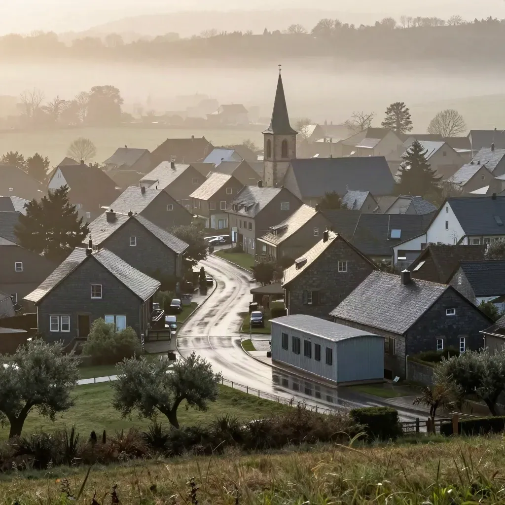 Blick über eine Kleinstadt mit Kirchturm, Busdepot und feuchtem Grün im Morgennebel