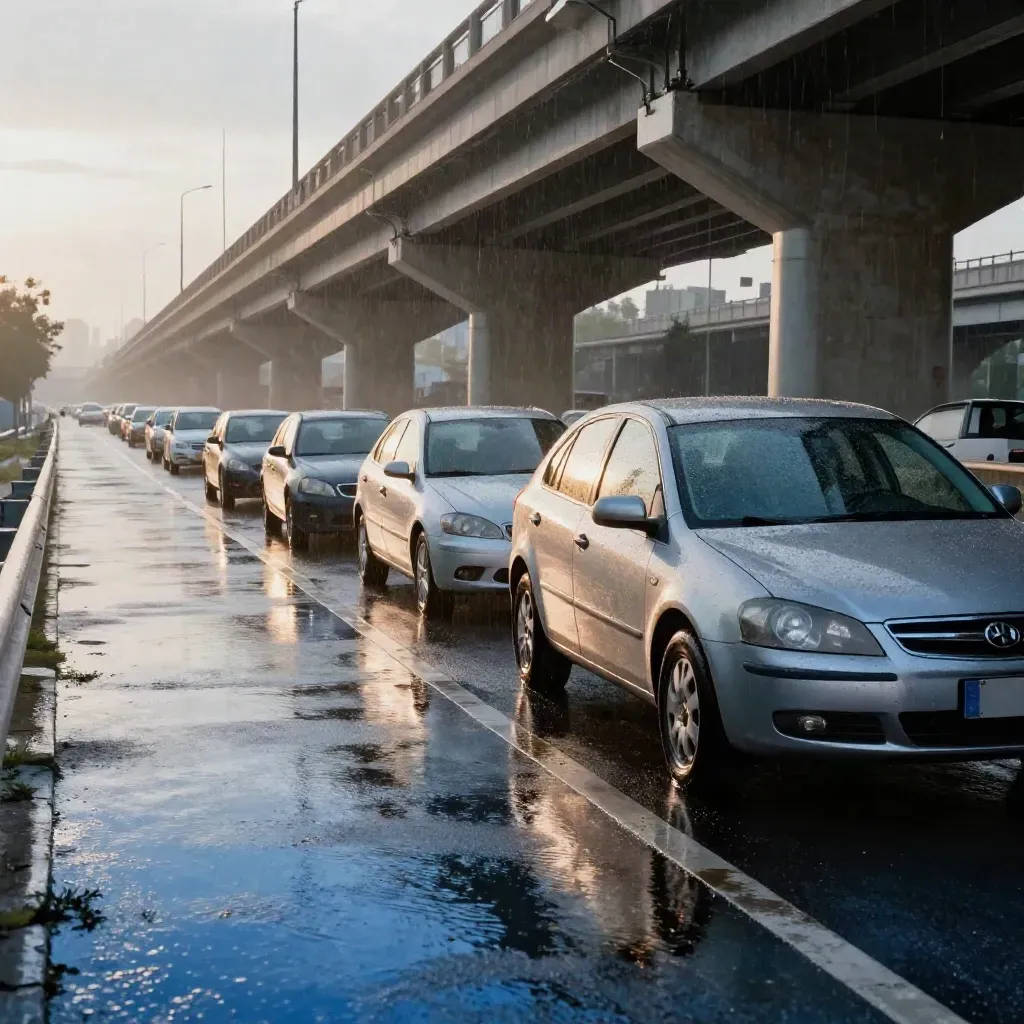 Stau im Regen unter einer Brücke mit nasser Fahrbahn und spiegelnden Autos.