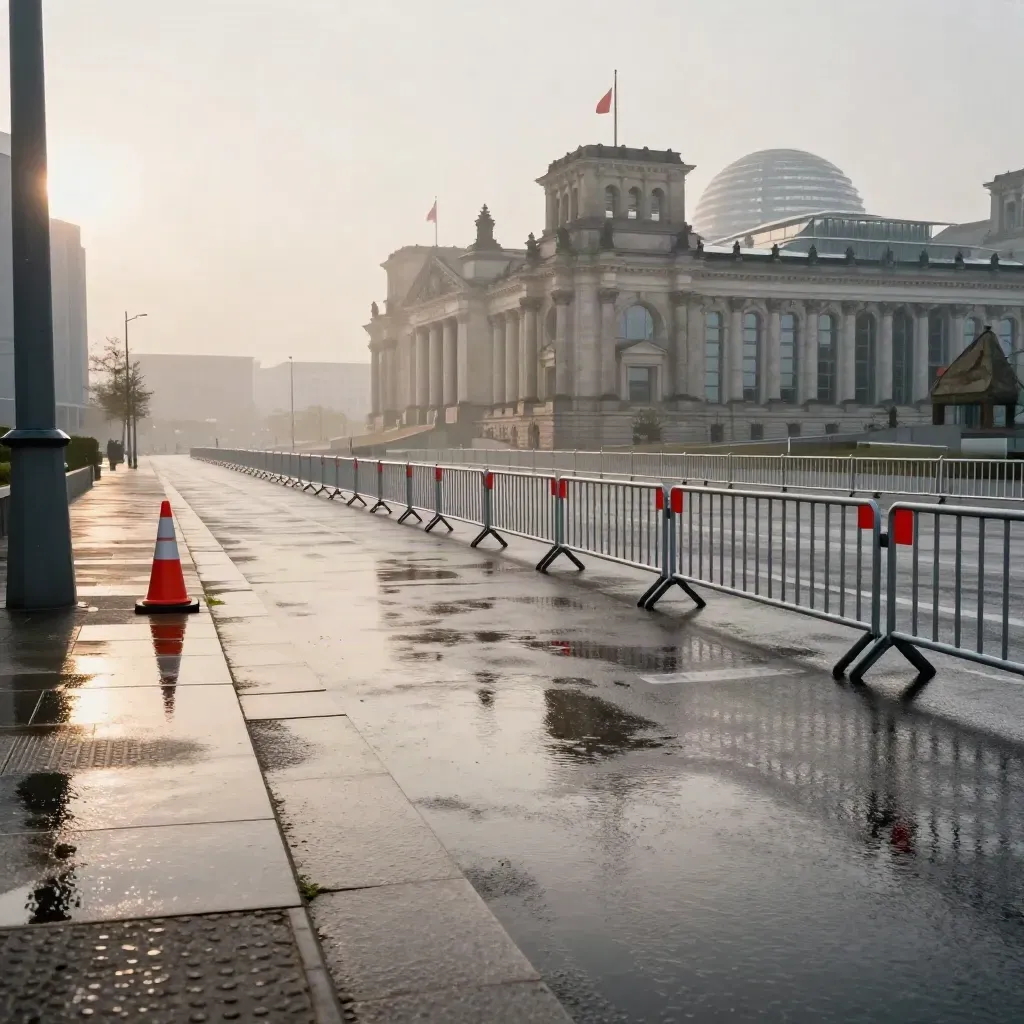 Bundestagsviertel mit nassem Asphalt, Absperrungen und diffusen Regierungsgebäuden im Morgennebel