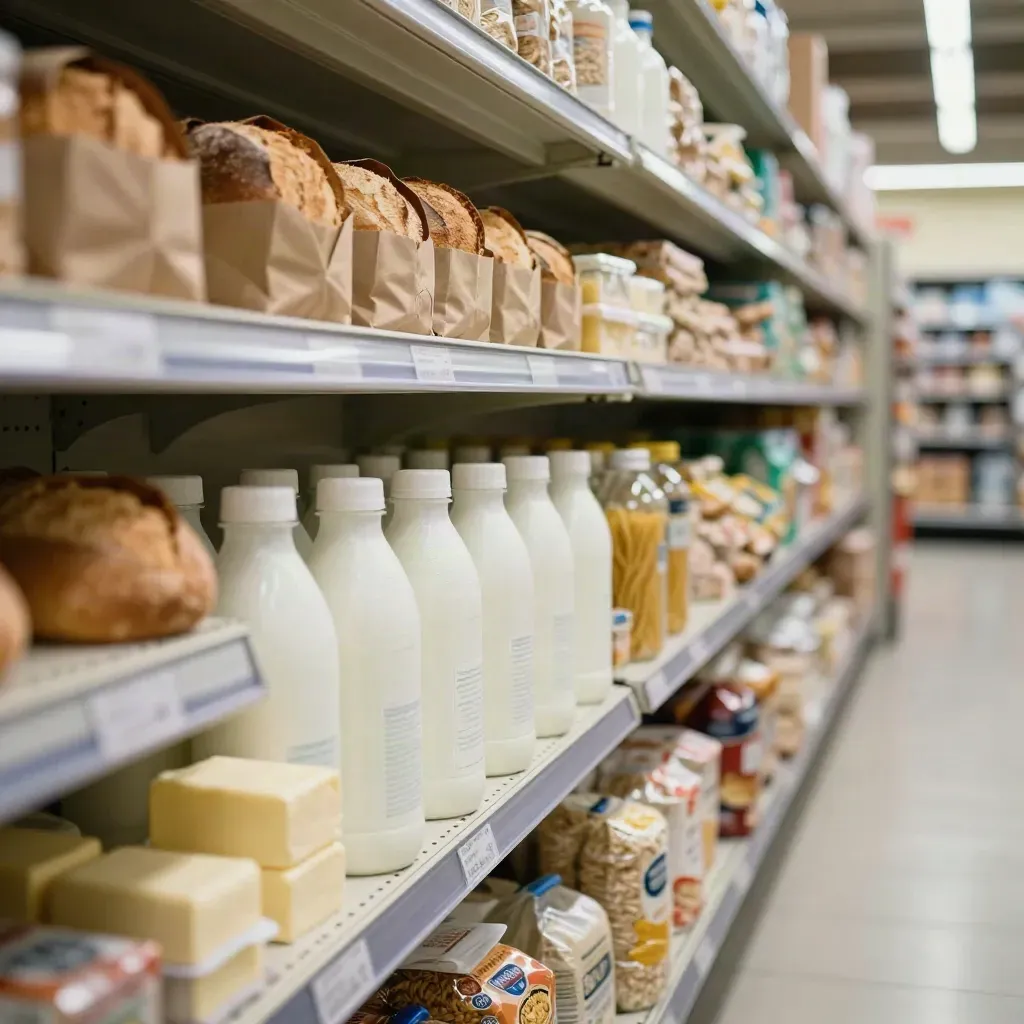 Naher Supermarktgang mit Brot, Milch, Butter und Grundnahrungsmitteln im kühlen Neonlicht