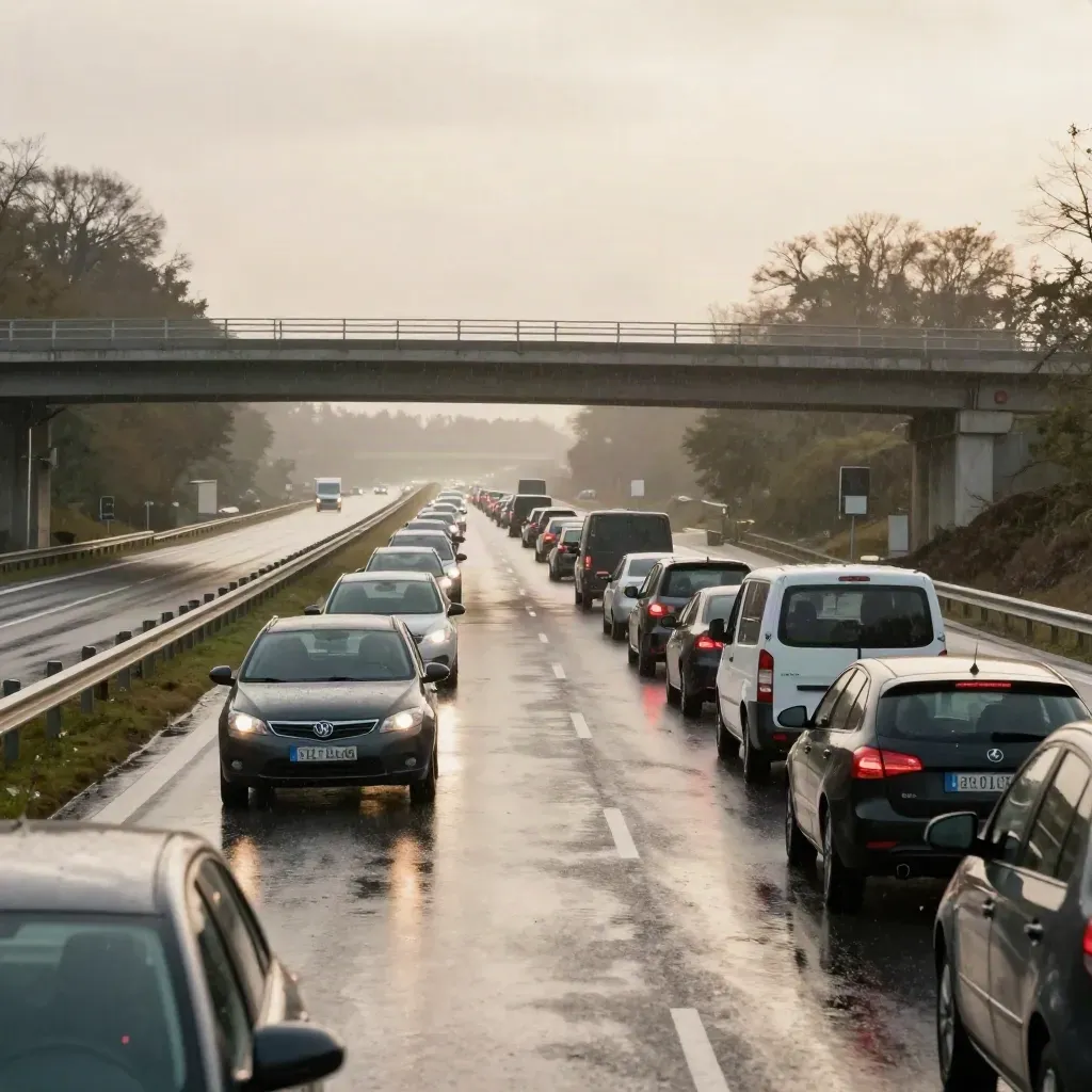 Stau auf nasser Autobahn unter einer Brücke, rote Rücklichter und feiner Sprühregen.