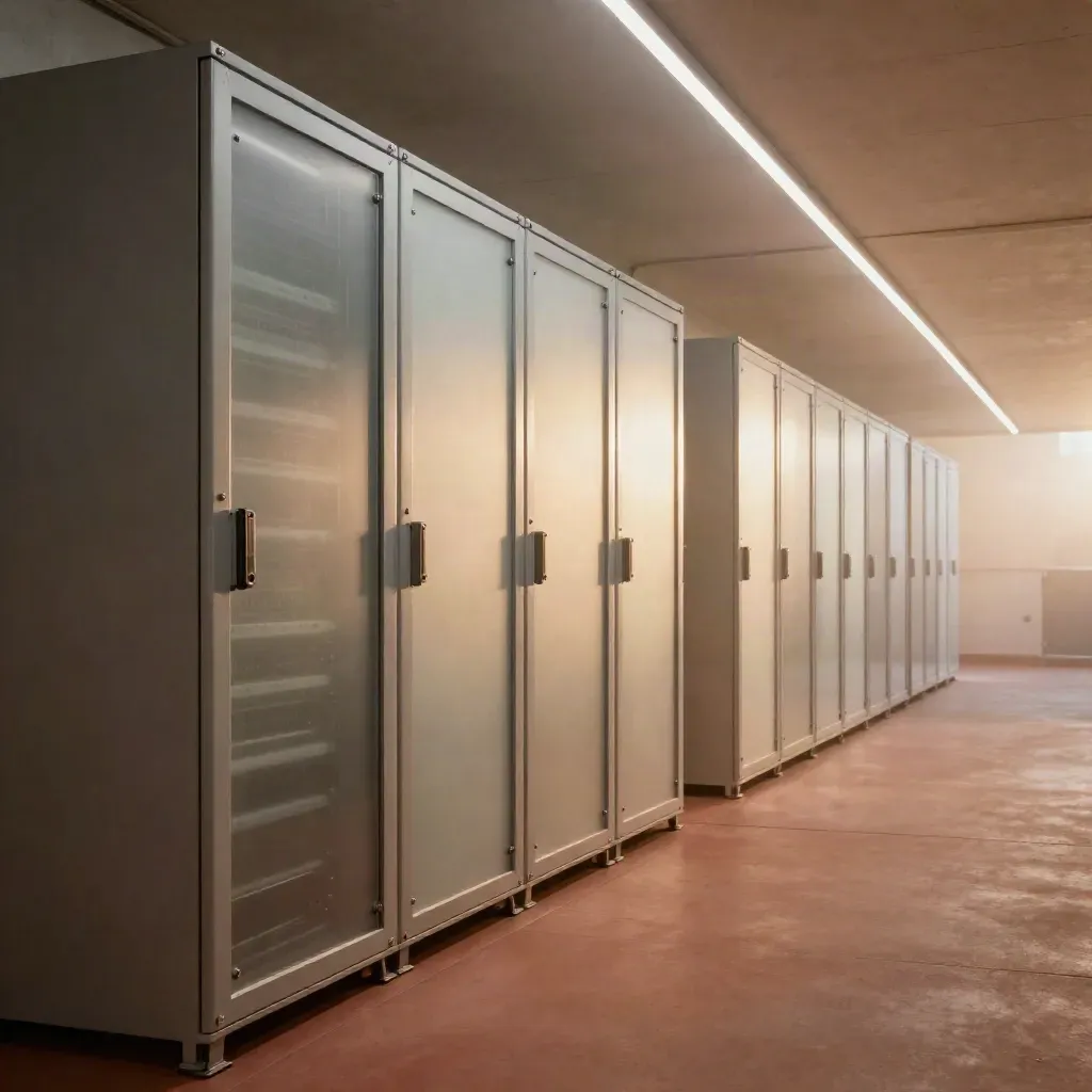 Gesicherter Servicetunnel mit Technikschränken, Frostglas und schmalem Lichtband.
