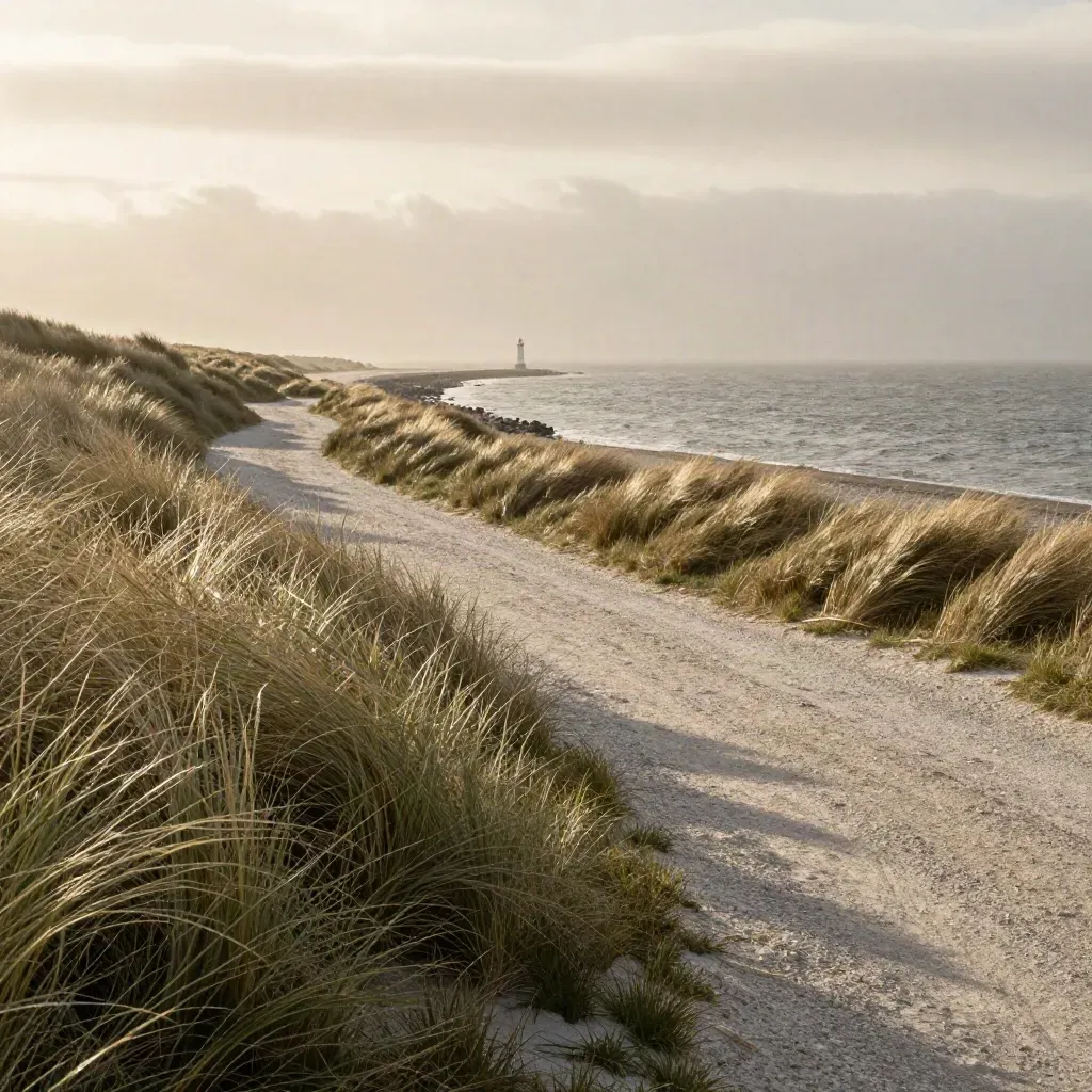 Windiger Nordsee-Deich mit Gras, grauer Wasserfläche und fernem Leuchtfeuer unter tiefen Wolken.