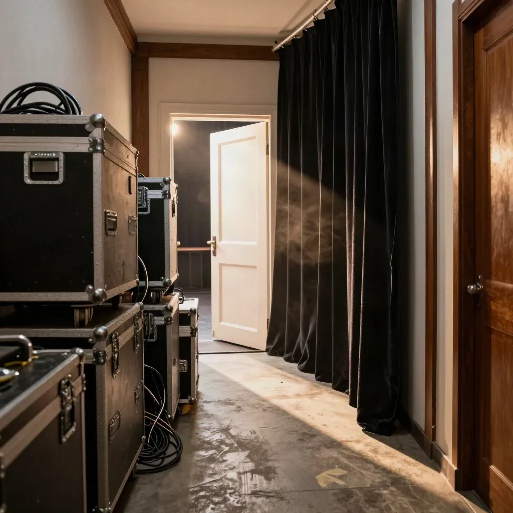 Backstage-Korridor in Berlin mit Flightcases, Vorhängen und offenem Bühnenzugang im warmen Licht.