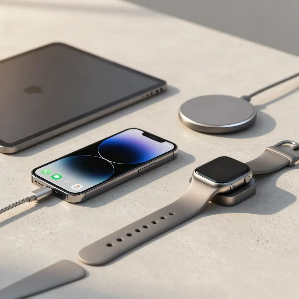 Smartphone, Tablet und Smartwatch erwachen auf heller Betonfläche im weichen Licht.