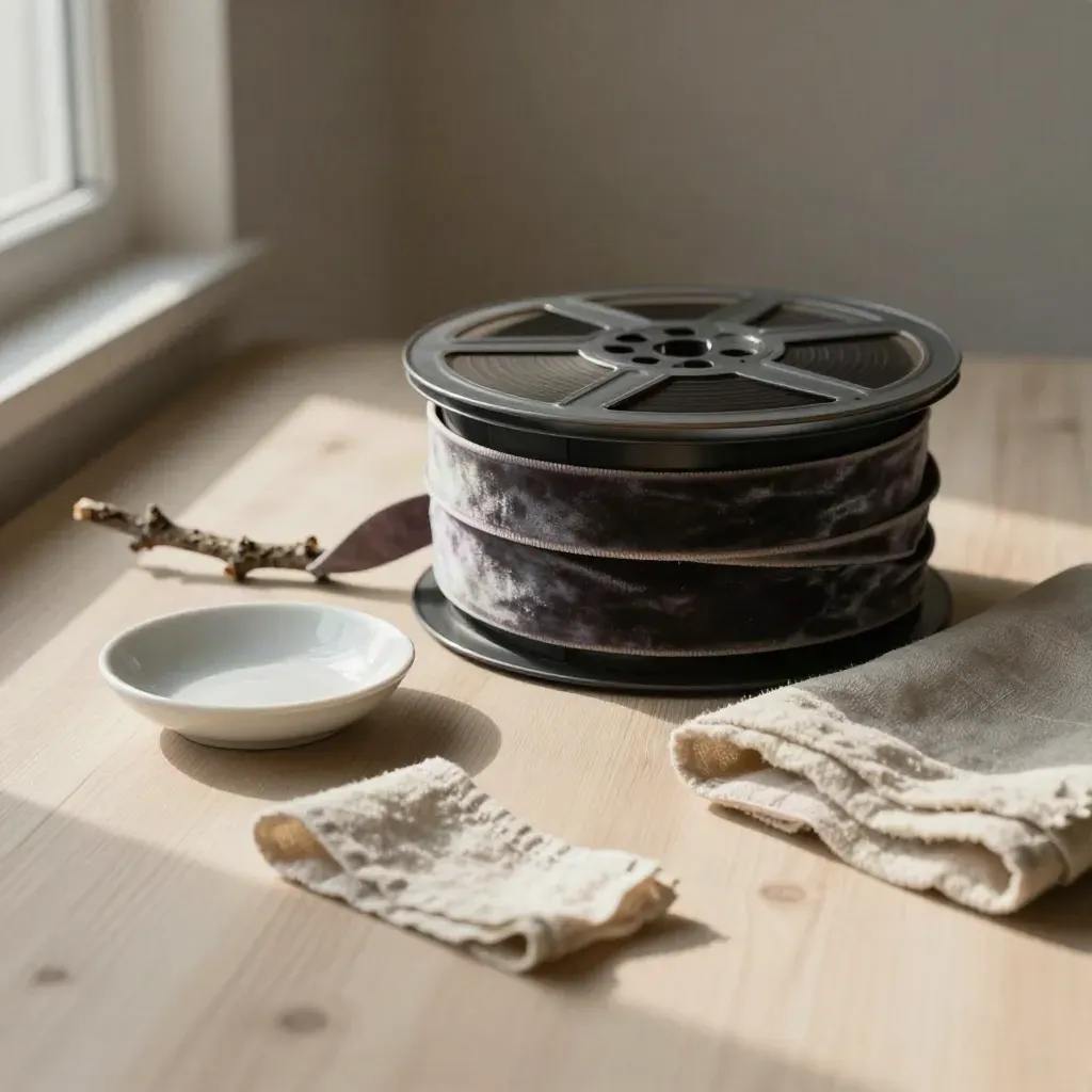 Schwarze Filmrolle mit Samtband, Keramikteller, Zweig und Leinen auf hellem Holz.