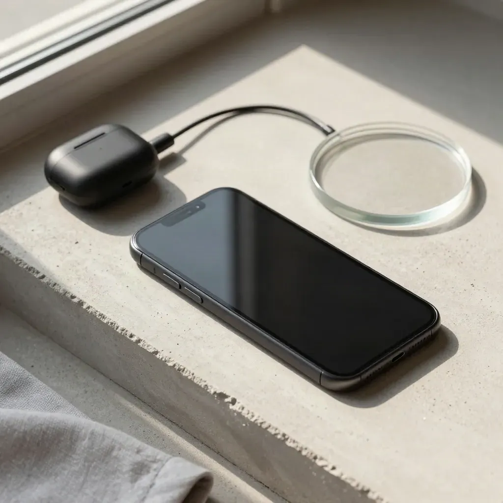 Smartphone mit Ohrhörer-Case und Kabelschlaufe auf hellem Beton, sanft von oben fotografiert.