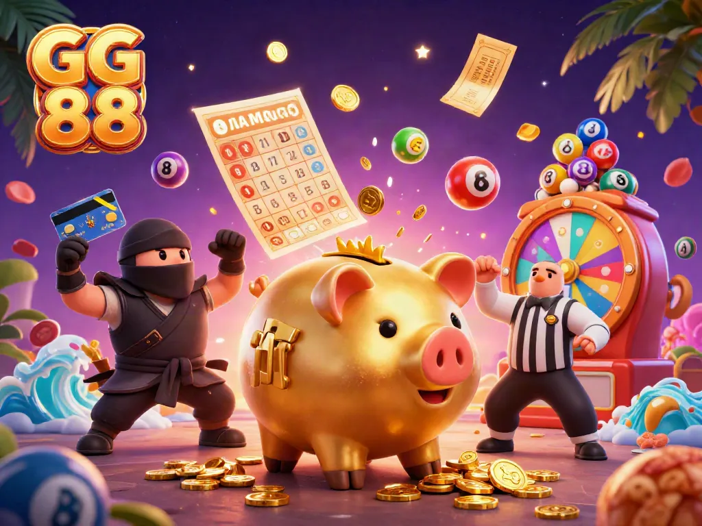 Experience the thrill of GG 88 with a festive casino showdown, featuring vibrant characters and exciting game elements.