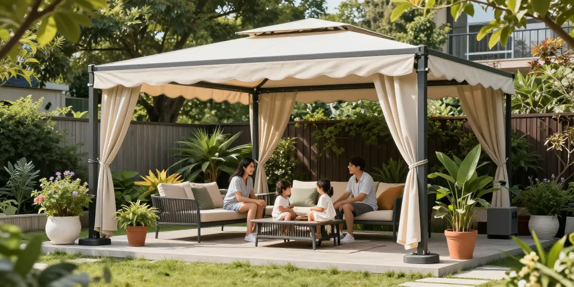 Freistehende Terrassenüberdachung bietet Schutz im Garten, ideal für entspannte Familientage.