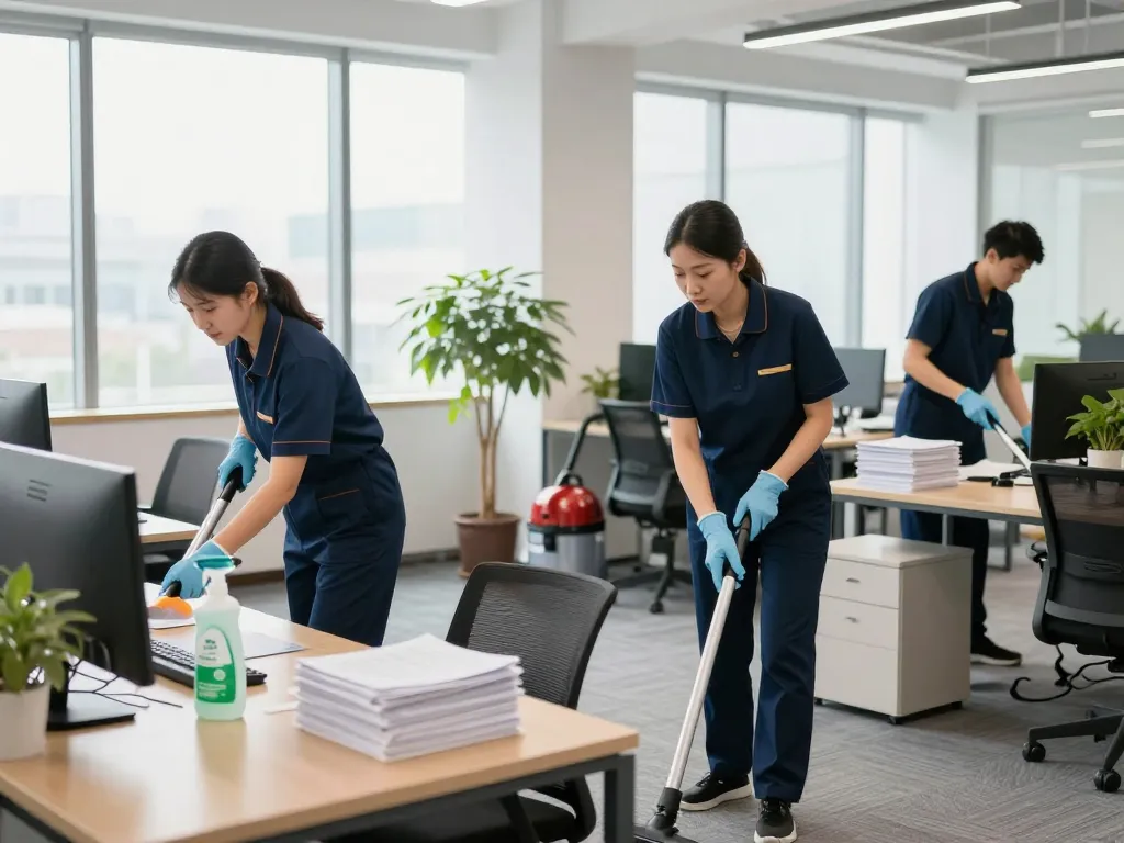 Reinigungsservice fürs Büro in Münster mit Team, das Schreibtische reinigt und umweltfreundliche Produkte in modernem Büro verwendet.