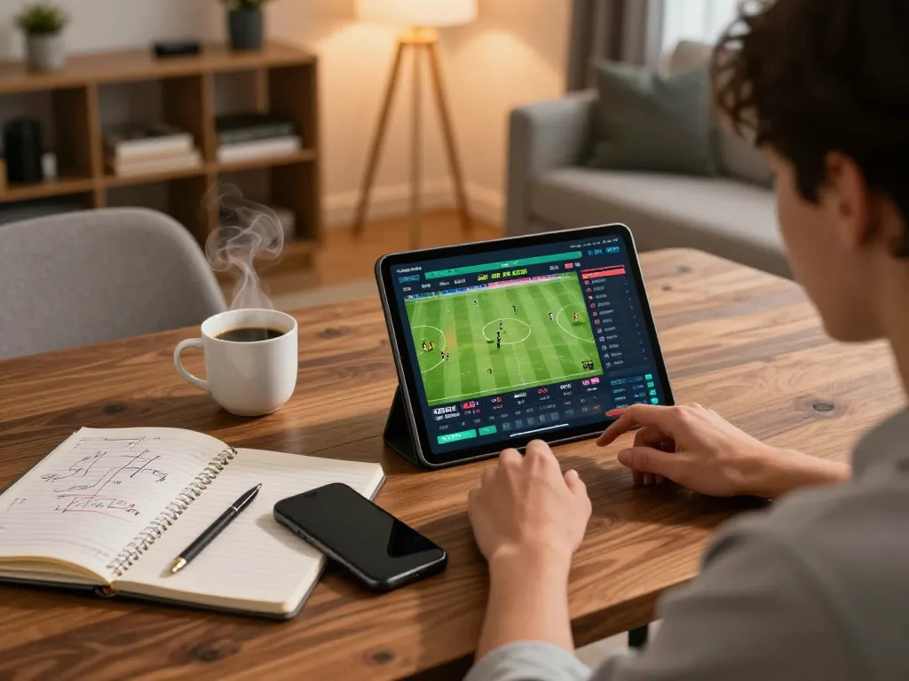 Engaging in soi kèo sports betting at home with live odds displayed on a tablet and strategic notes nearby.
