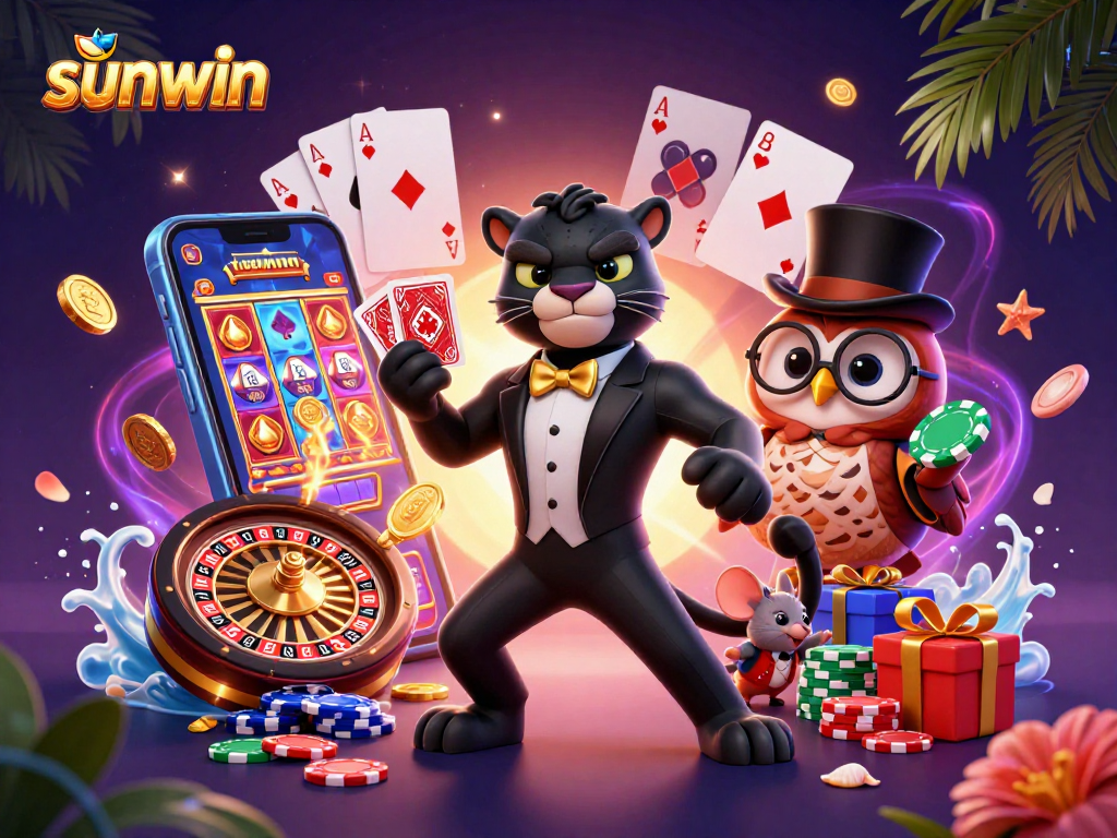 Engage in thrilling gaming with sunwin, featuring a stylish panther dealer and vibrant casino elements.