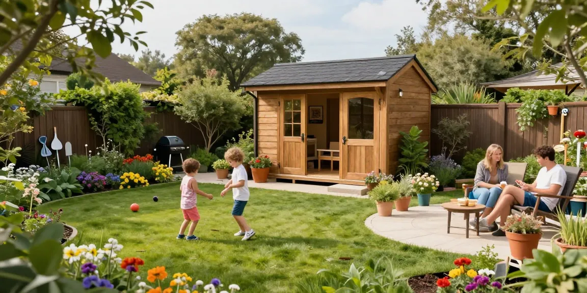 Gartenhaus kaufen: Stilvolles Holz-Gartenhaus in einem einladenden Garten mit blühenden Pflanzen und einer Familie beim Entspannen.