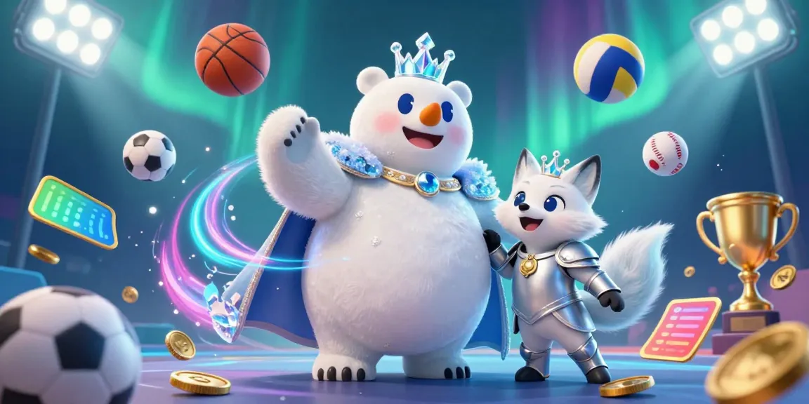 Kèo Tài Xỉu betting scene with a polar bear king and a snow fox amidst sports balls and betting slips.