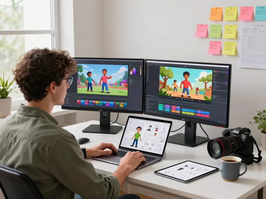 Professional using motion control ai to animate characters in a modern workspace.
