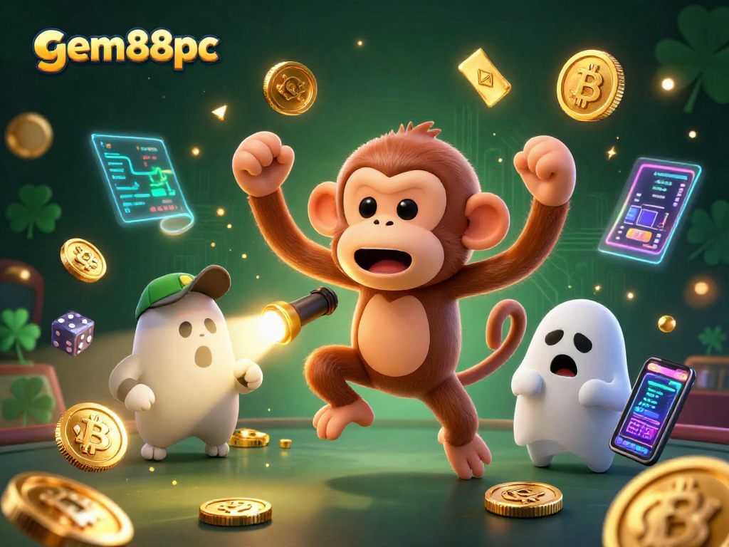 Experience the excitement of gem88pc as a mischievous monkey juggles golden casino treasures in a vibrant scene.