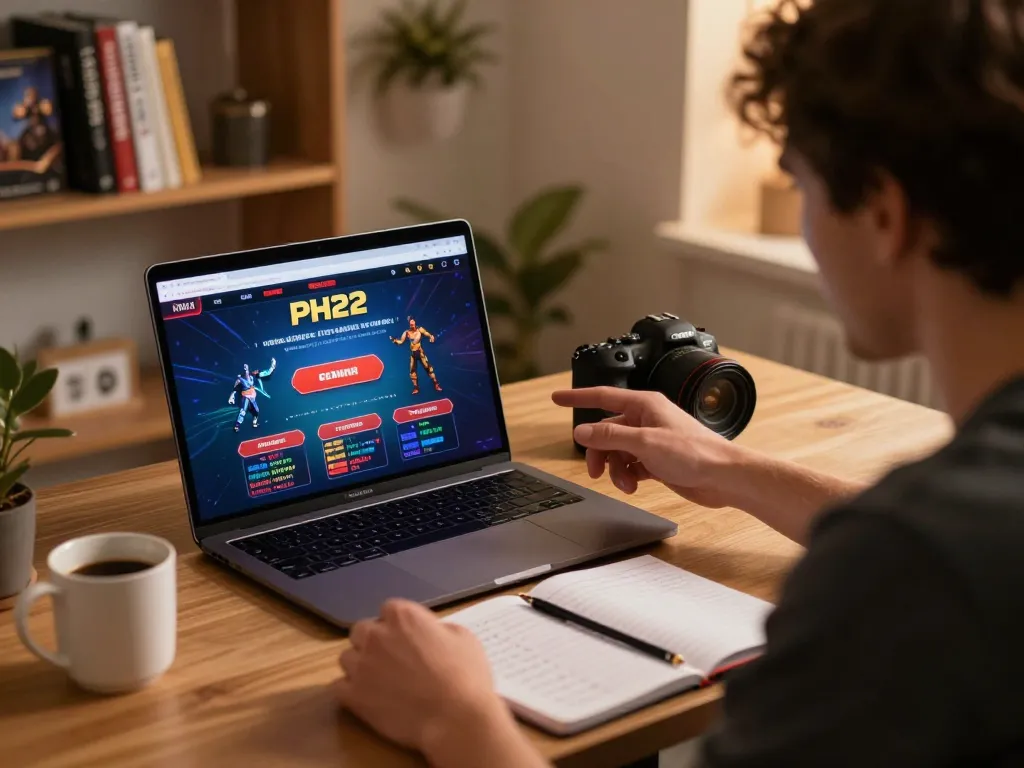 Engaged player enjoying online games at PH22 with laptop and betting notes.