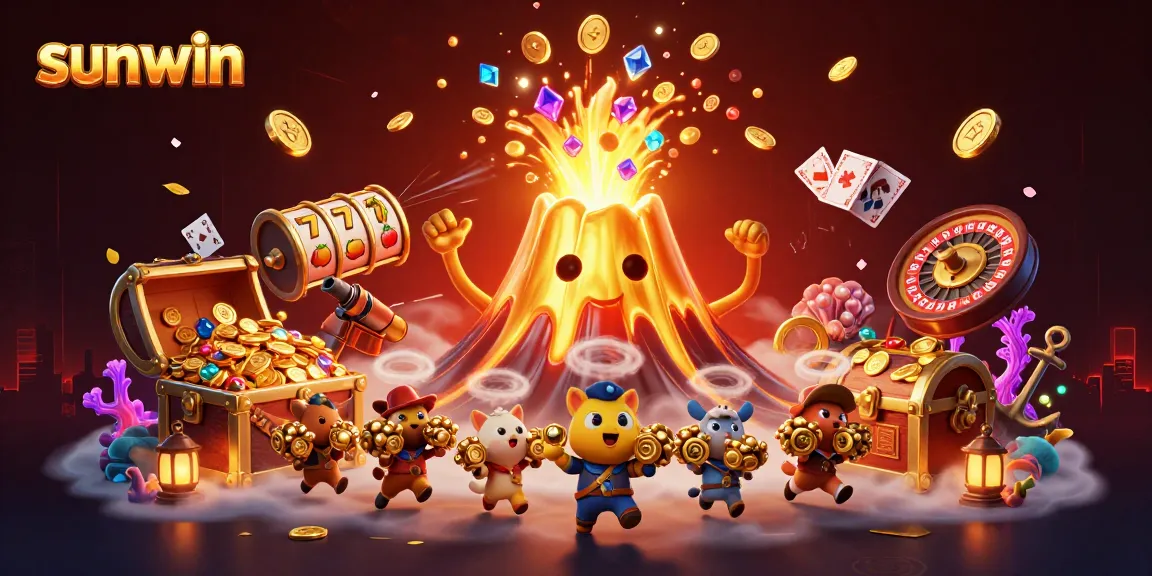 Engage with sunwin's vibrant casino world featuring a golden volcano and slot machines.