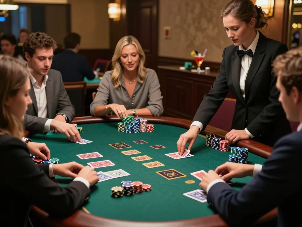 Players engaging in intense blackjack game at an upscale casino table featuring colorful chips and strategic gameplay around the sc 88.