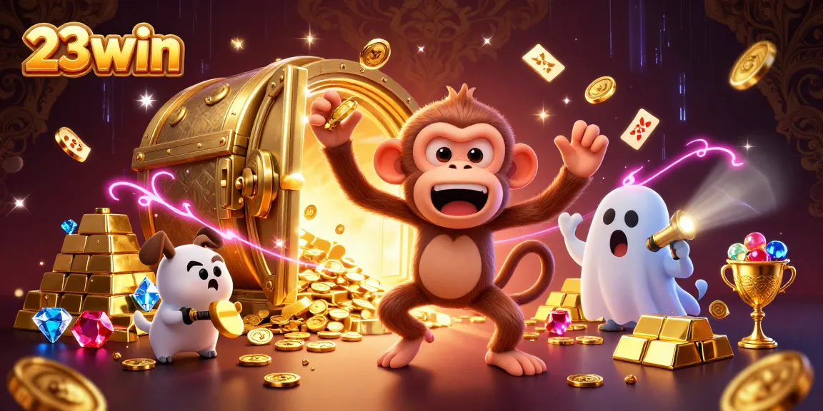 Experience the excitement of 23win casino with a lively poltergeist monkey juggling golden treasures in a dynamic gaming scene.