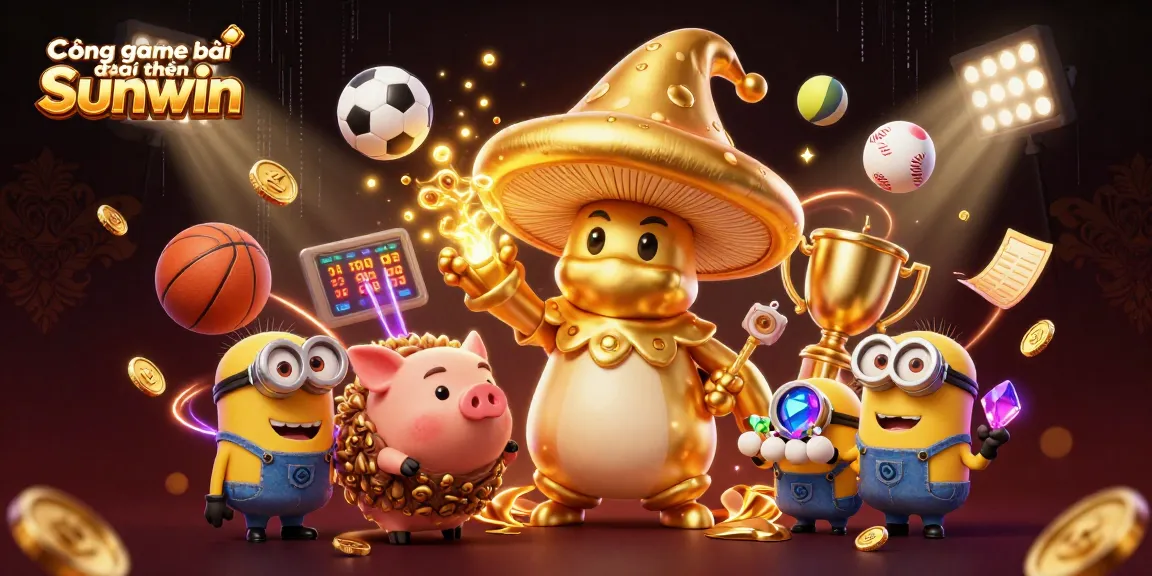 Cổng game bài đổi thưởng Sunwin showcases a vibrant 3D casino illustration with a golden mushroom wizard, sports elements, and treasure.