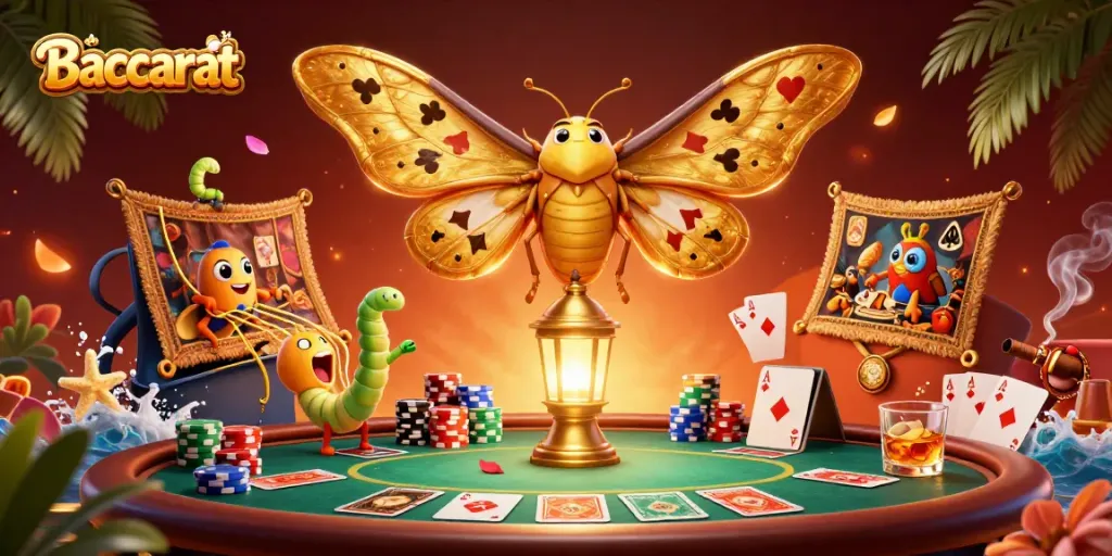 Experience Baccarat thrill with colorful chips and illuminated casino atmosphere.