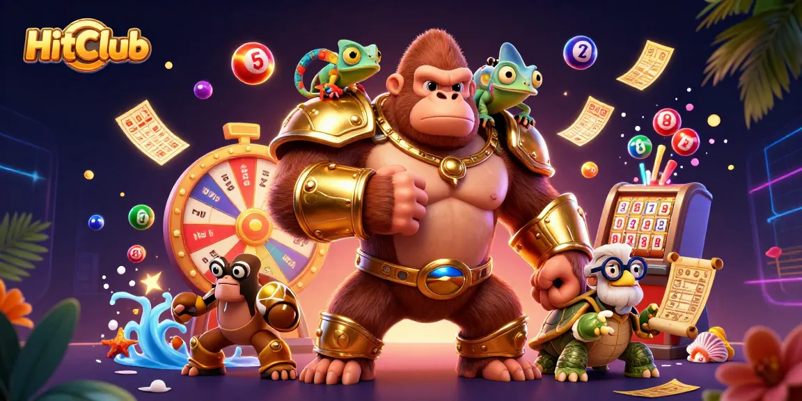 HitClub showcases a vibrant 3D scene with a gorilla king and colorful lottery elements, creating a lively gambling atmosphere.