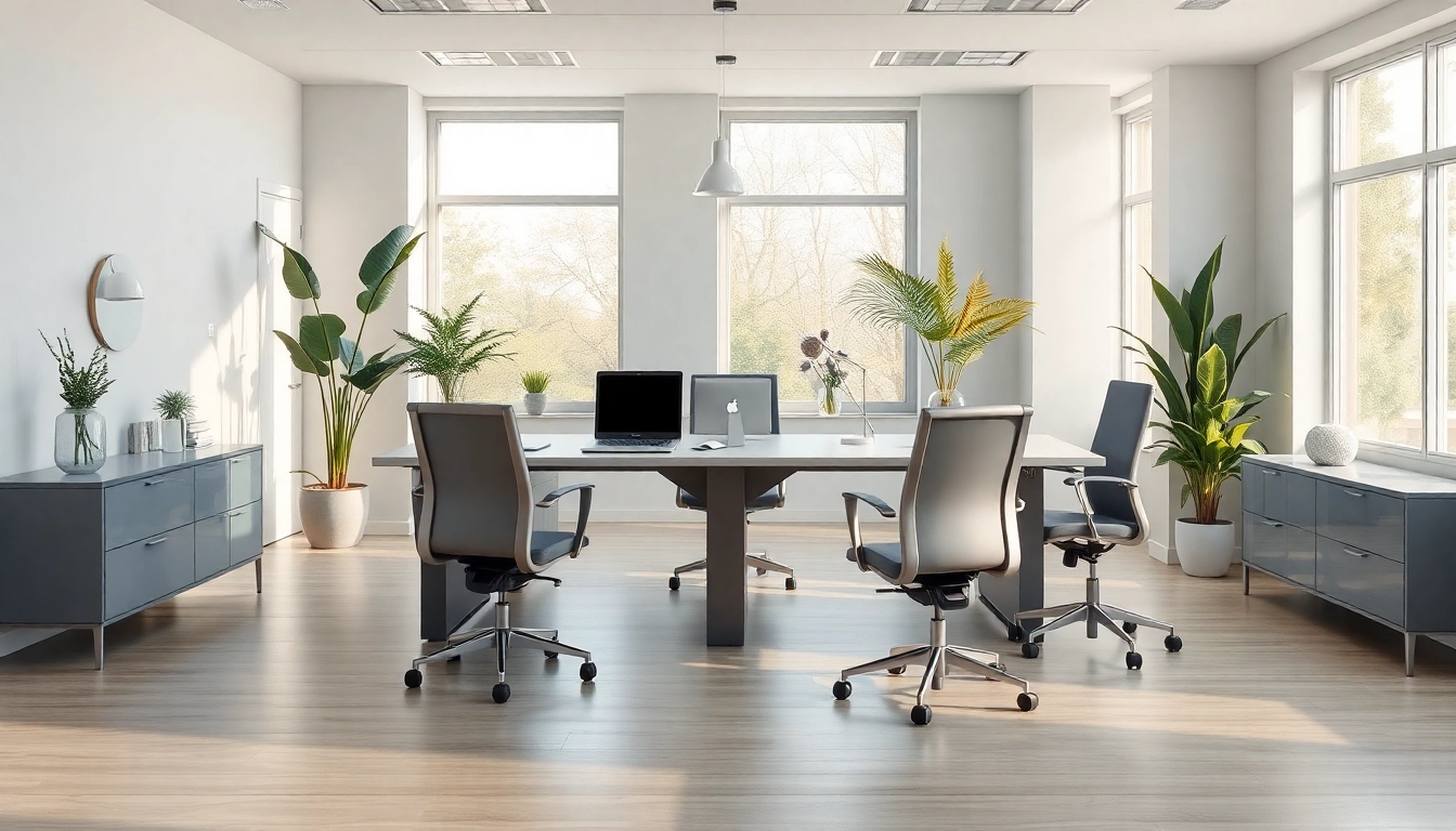 Büromöbel in einem modernen Büro mit angenehmer Beleuchtung und eleganter Einrichtung.