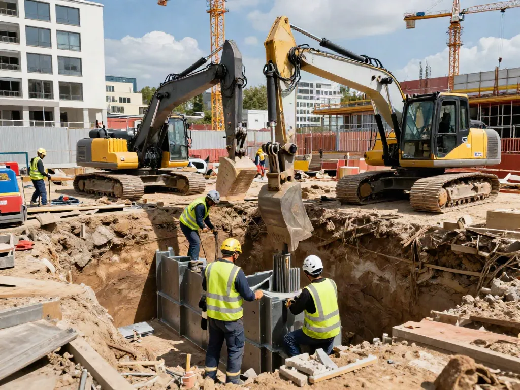 Baugrubensicherung Wien durch Fachleute bei einer Baustelle in urbanem Umfeld mit modernem Gerät.