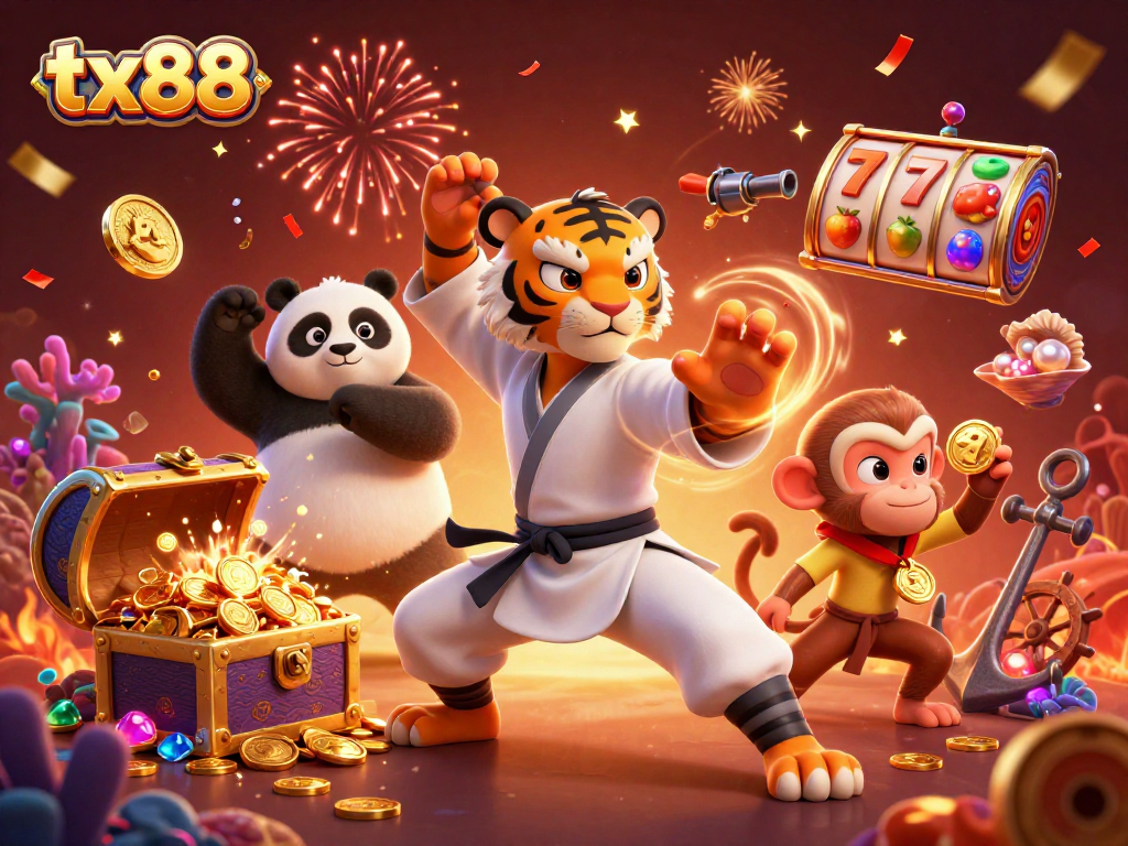 Experience thrilling moments with tx88, showcasing a kung fu tiger amidst vibrant casino elements.