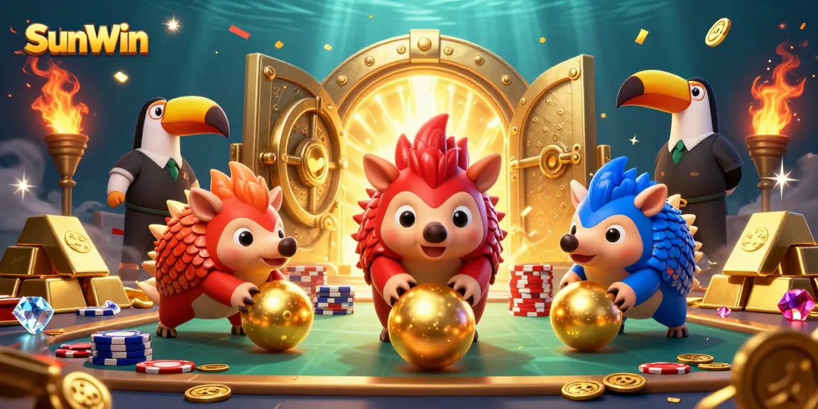 Spin and win big at SunWin while rival pangolins battle with poker chips in a vibrant casino.