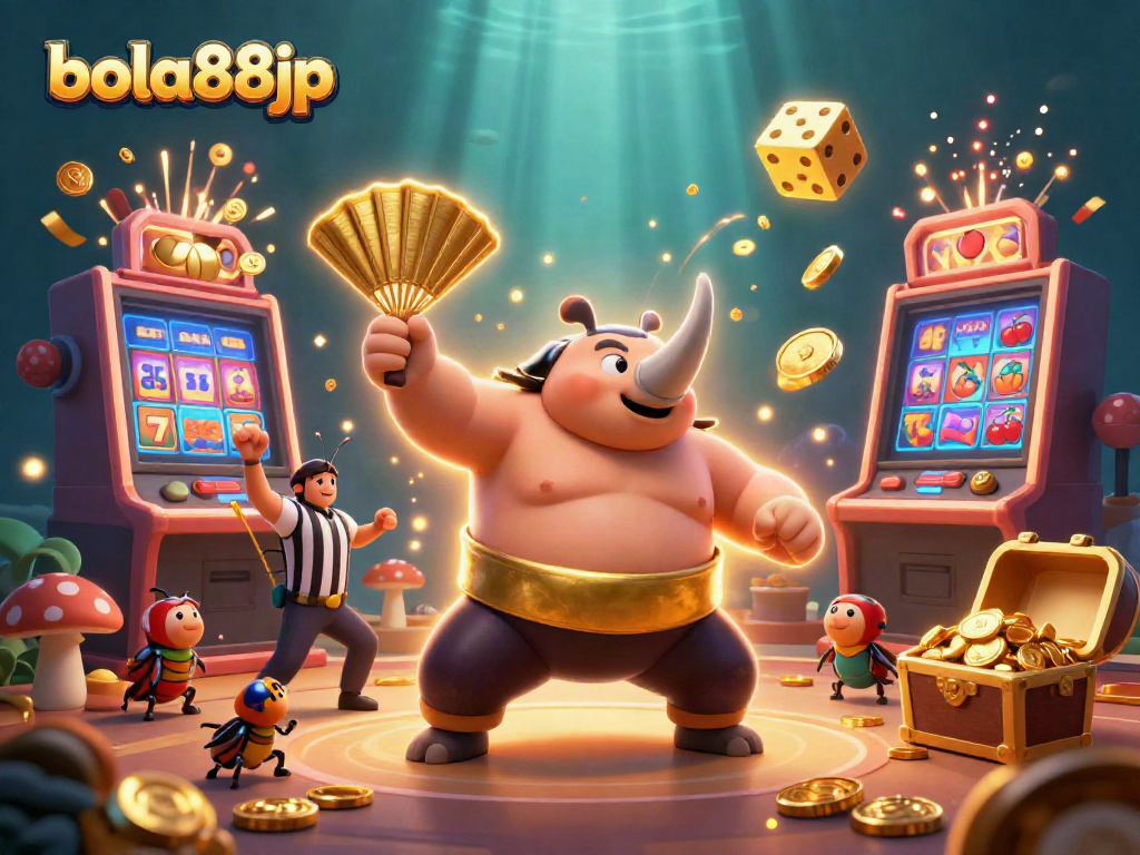 Bola88jp showcases a fun and dynamic animation featuring a rhinoceros beetle sumo champion and casino elements, perfect for online gaming.