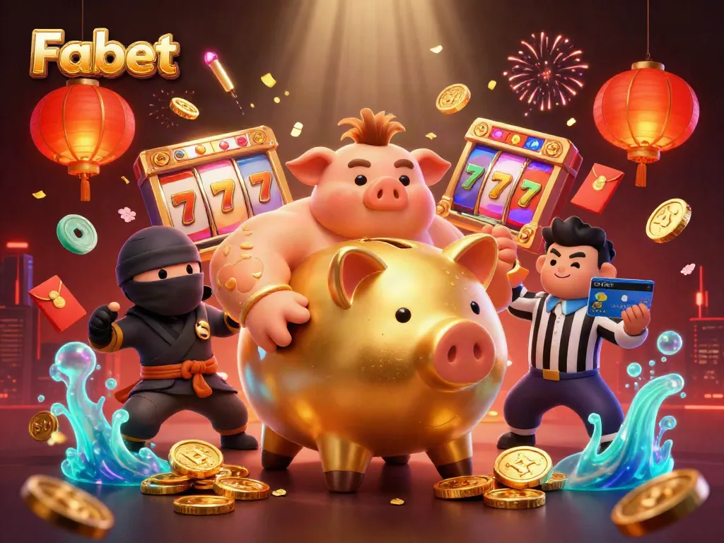 Experience winning moments at Fabet with a lively casino scene featuring a golden piggy bank warrior.