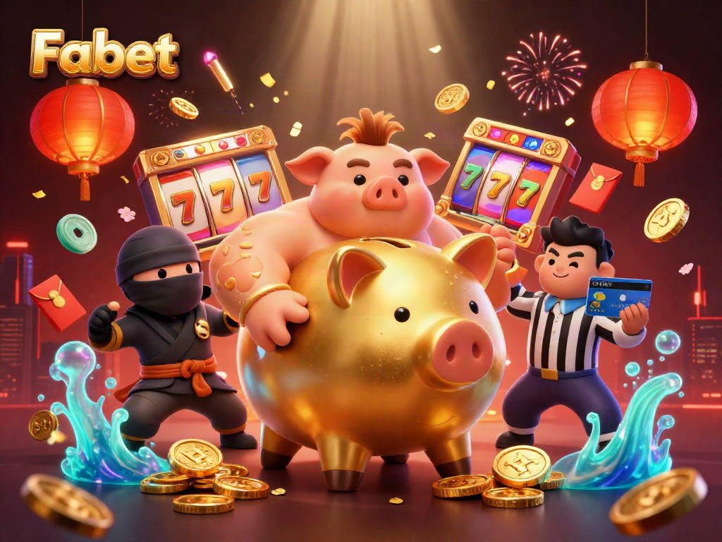 Experience winning moments at Fabet with a lively casino scene featuring a golden piggy bank warrior.