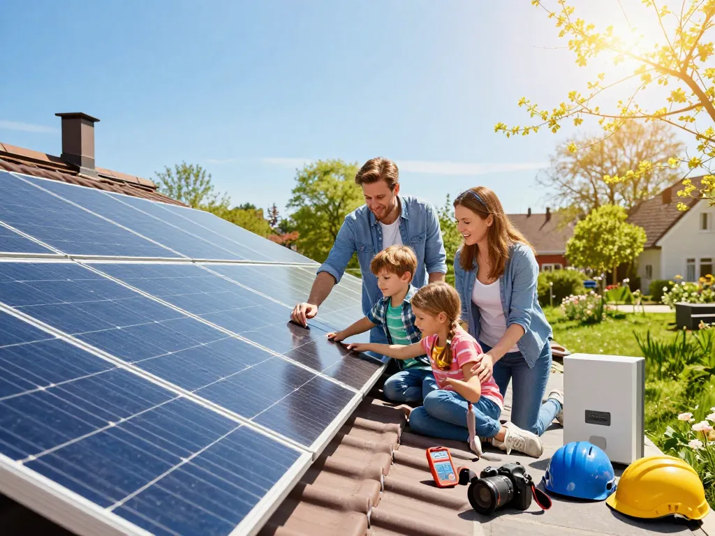 Familie inspiziert Solarpaneele im sonnigen Bayern und fördert Photovoltaik Bayern.