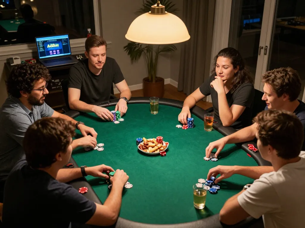 Players engage in an exciting poker game at home, showcasing strategic moves with Ai88bet online platform in view.