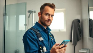Professioneller Klempner bei der Arbeit für Sanitär Notdienst im modernen Badezimmer.