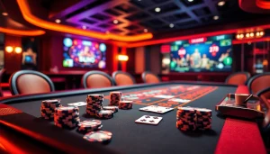 Erleben Sie das fesselnde Ambiente eines casino online schweiz mit einem eleganten Spieltisch voller Chips und Karten.