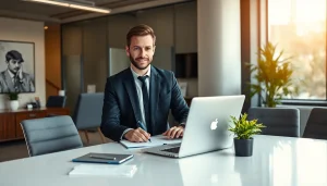Professioneller Headhunter Solingen bei der Arbeit in einem modernen Büro mit Laptop und Unterlagen.