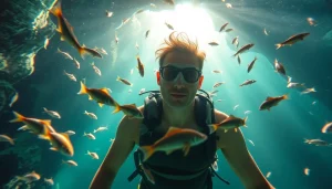 Tauchen Cenotes: Taucher erkundet eine schillernde Cenote mit kristallklarem Wasser und beeindruckenden Fischen.