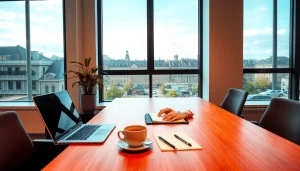 Headhunter Bochum: Moderne Büroumgebung mit stilvollem Schreibtisch und urbanem Blick.