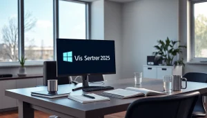 Visualisieren Sie das Windows Server 2025 CAL Logo auf einem modernen Arbeitsplatz, umgeben von Technologie.
