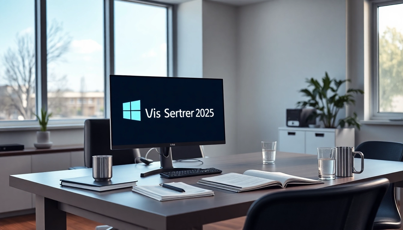 Visualisieren Sie das Windows Server 2025 CAL Logo auf einem modernen Arbeitsplatz, umgeben von Technologie.