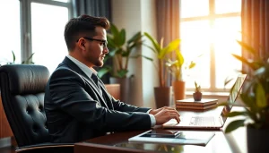 Headhunter Schweiz: Engaging professional on video call in sophisticated office space.