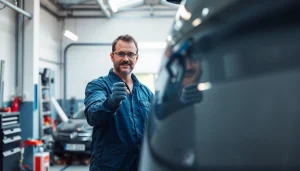 Hagelschaden Reparatur München: Techniker bei der professionellen Reparatur eines Fahrzeugs in einer modernen Werkstatt.