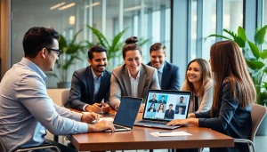 Headhunter collaborating with professionals in a modern office setting, evaluating candidate profiles.