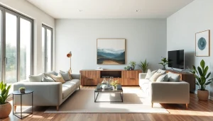 Moderne Wohnzimmer Raumgestaltung mit hellem Design, harmonischen Farben und stilvoller Einrichtung.